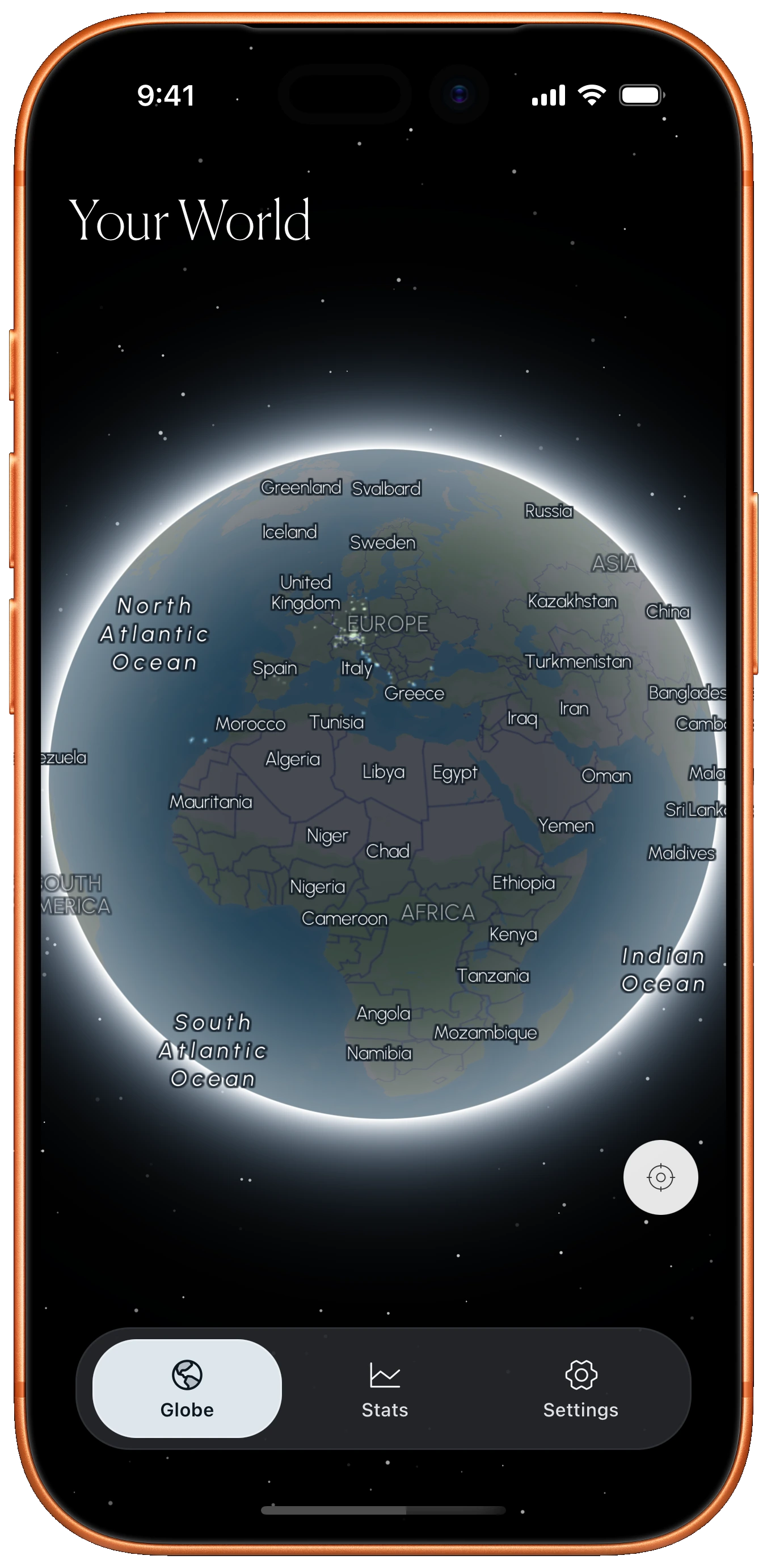 Unshade’s interactive globe showing the places you have explored